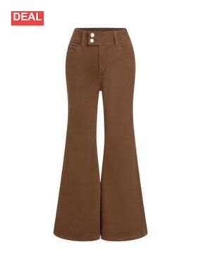 Wide Leg Flare Pull On Jeans High Waist Stretchy Denim with Pockets